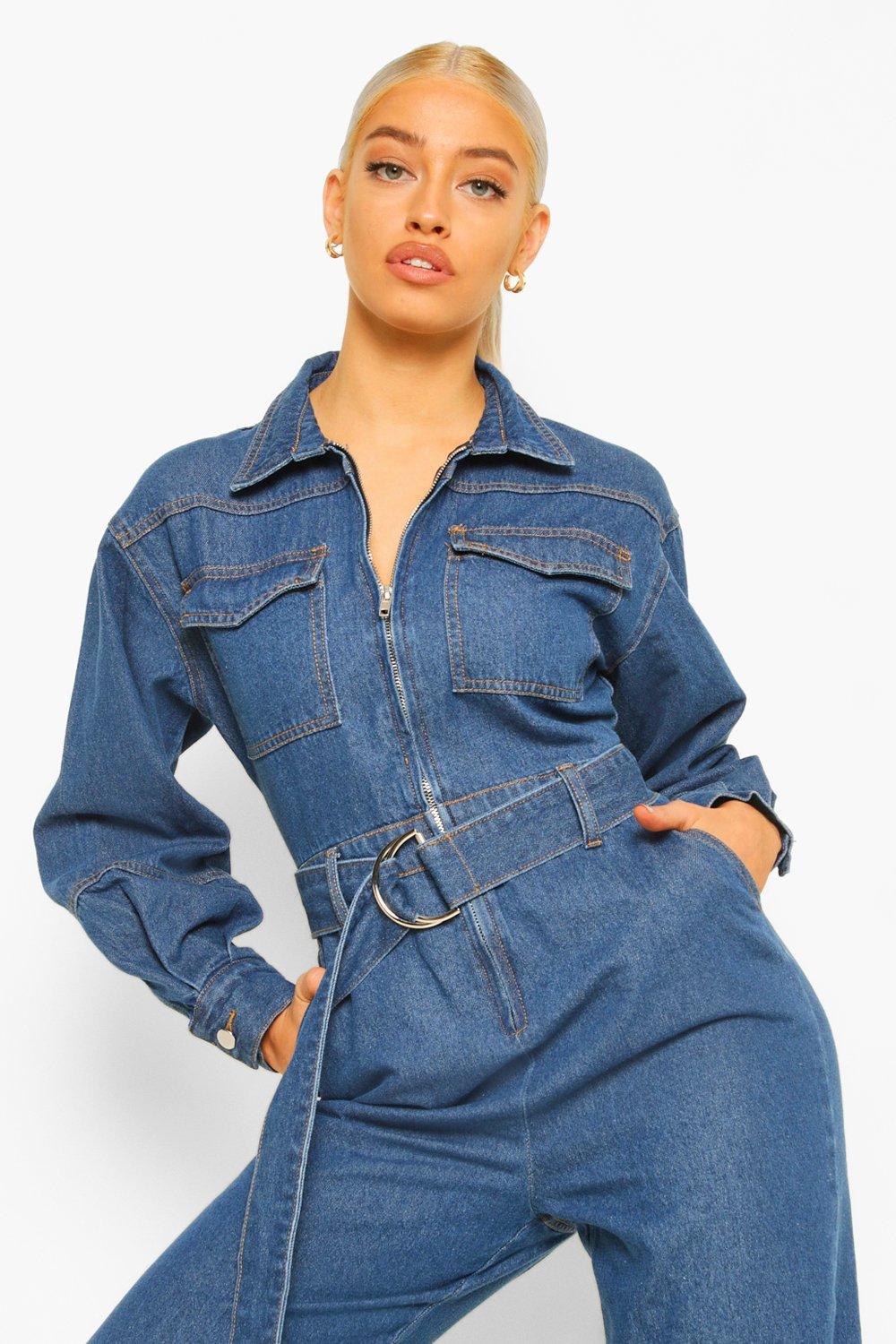 Belted best sale denim jumpsuit